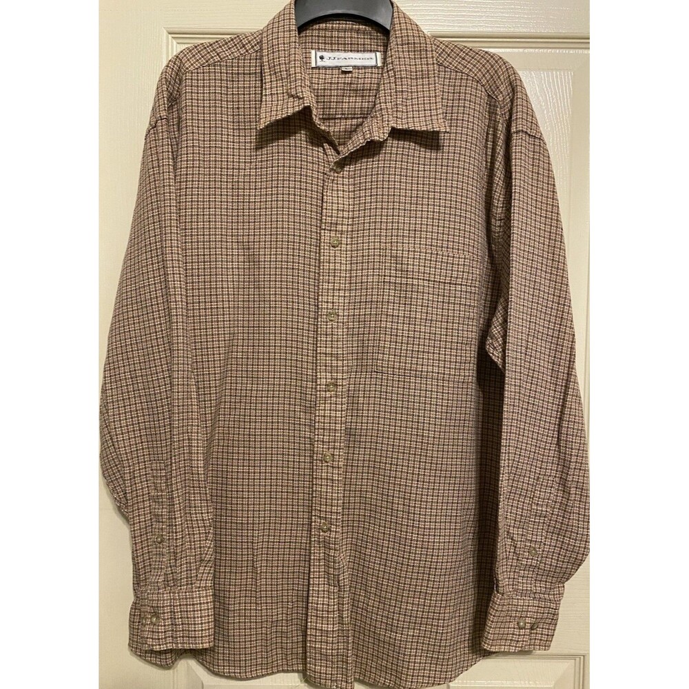VTG JJ Farmer 100% Cotton Mens L Plaid Flannel Button Up Shirt Neutral Casual
